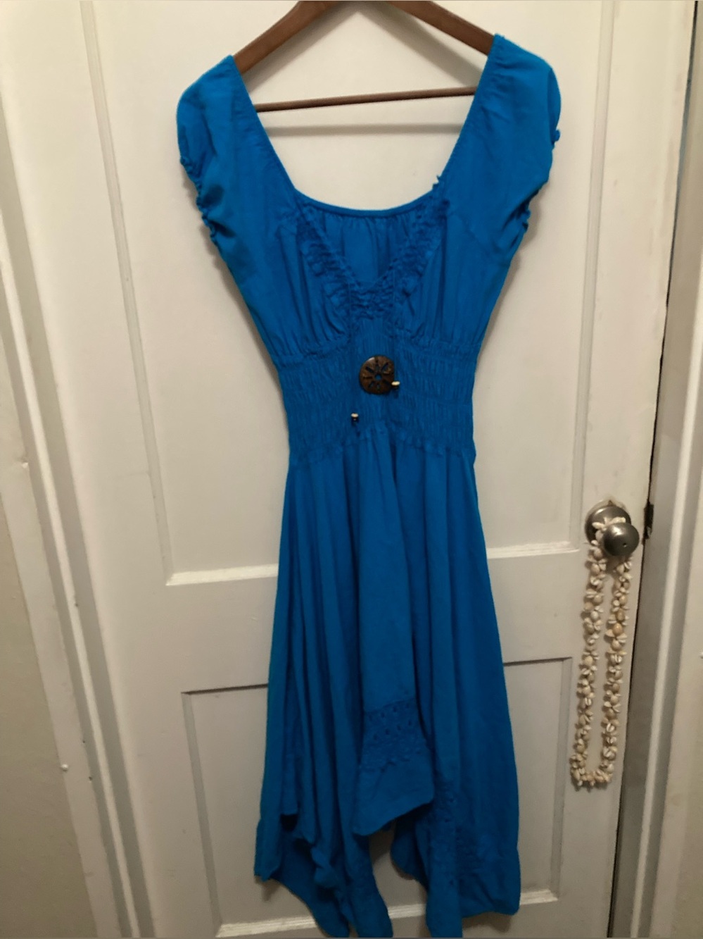 Aqua blue medium cotton gauze Tulum asymmetrical dress with embroidery